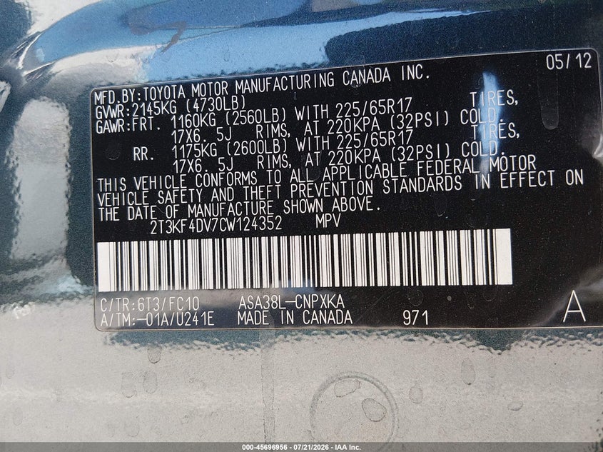 2012 Toyota Rav4 VIN: 2T3KF4DV7CW124352 Lot: 45696956