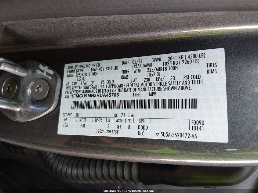 2024 Ford Escape St-Line VIN: 1FMCU9MN3RUA45706 Lot: 45697007