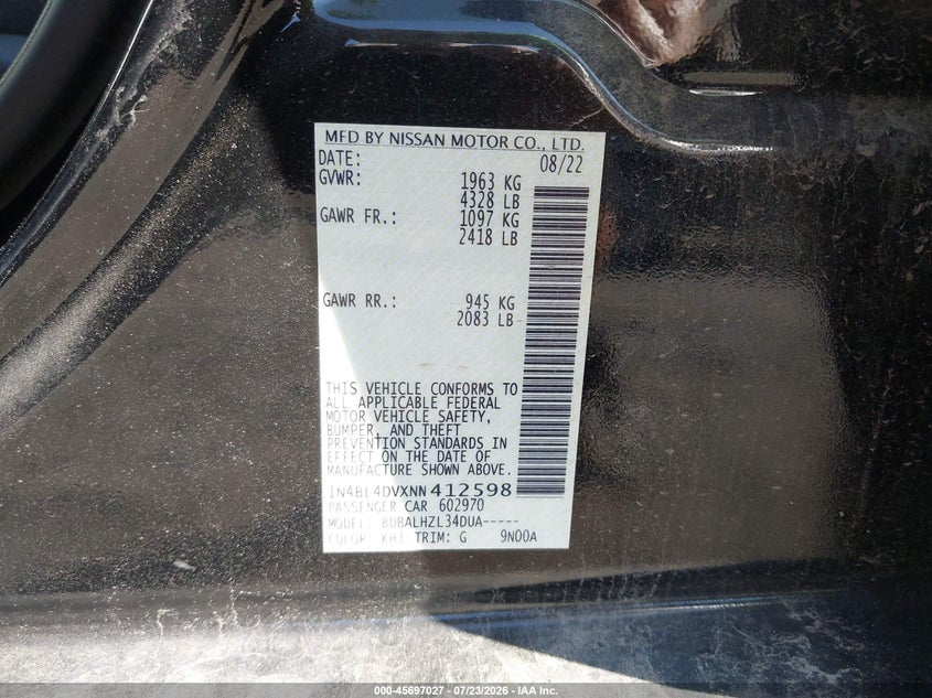 NISSAN ALTIMA 2022 VIN 1N4BL4DVXNN412598