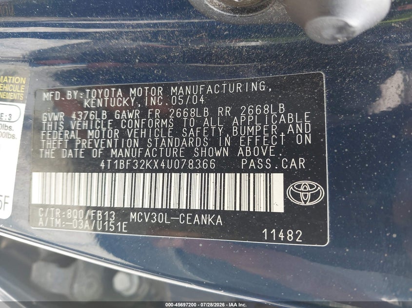 2004 TOYOTA CAMRY SEDAN 3.0L V-6 DOHC, VVT, 210HP