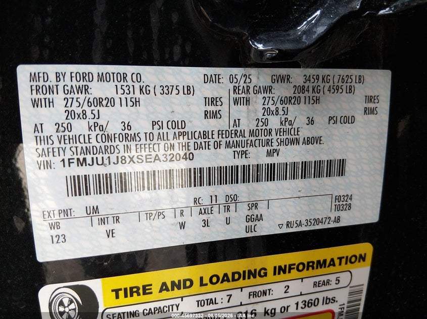 FORD EXPEDITION 2025 VIN 1FMJU1J8XSEA32040