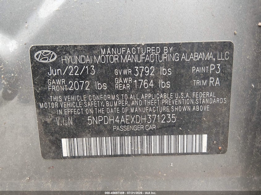 2013 Hyundai Elantra Gls VIN: 5NPDH4AEXDH371235 Lot: 45697359