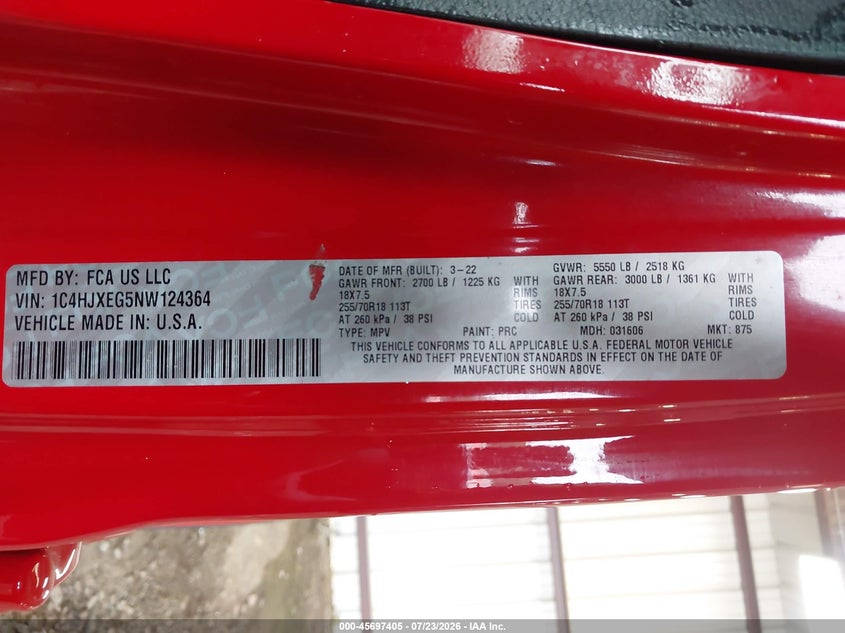 JEEP WRANGLER UNLIMITED 2022 VIN 1C4HJXEG5NW124364