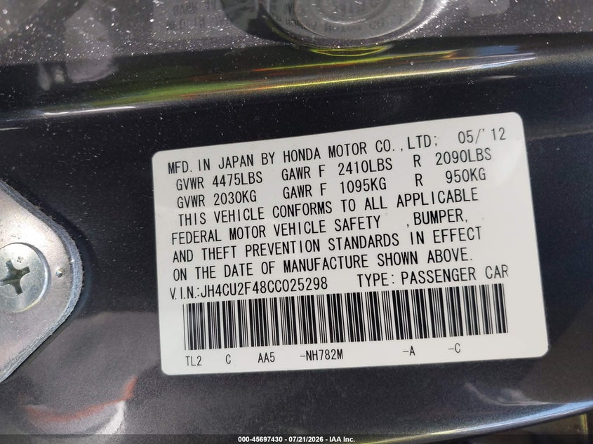 2012 Acura Tsx 2.4 VIN: JH4CU2F48CC025298 Lot: 45697430