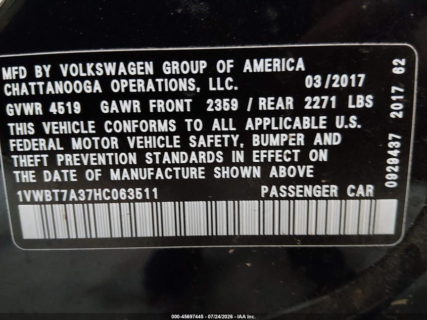 VOLKSWAGEN PASSAT 2017 VIN 1VWBT7A37HC063511