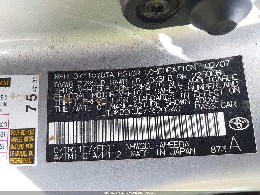 2007 Toyota Prius VIN: JTDKB20U277620240 Lot: 45697465