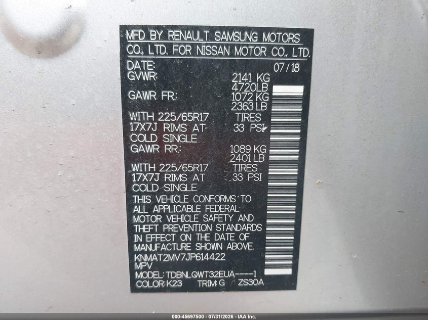 2018 NISSAN ROGUE SPORT UTILITY VEHICLE 2.5L I-4 DOHC, VVT, 170HP