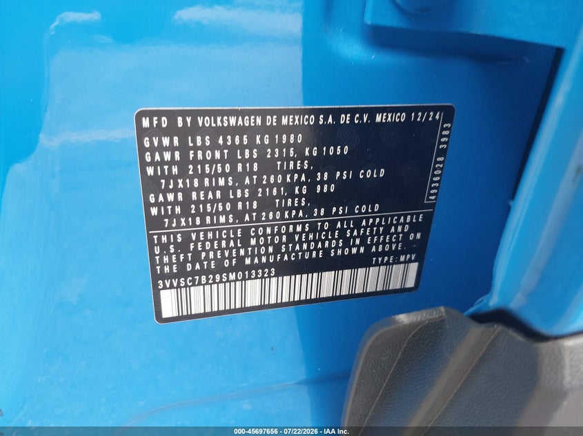 VOLKSWAGEN TAOS 2025 VIN 3VVSC7B29SM013323