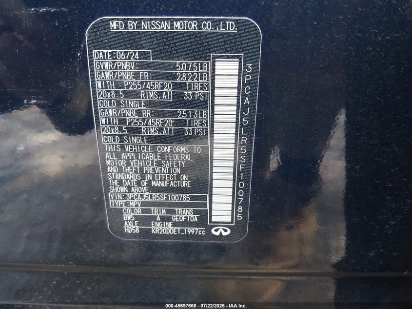 INFINITI QX55 2025 VIN 3PCAJ5LR5SF100785