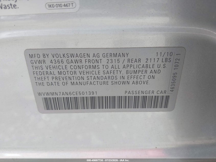 VOLKSWAGEN CC 2012 VIN WVWMN7AN6CE501391