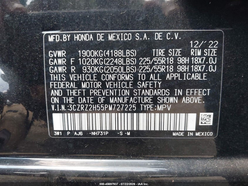 HONDA HR-V 2023 VIN 3CZRZ2H55PM727225