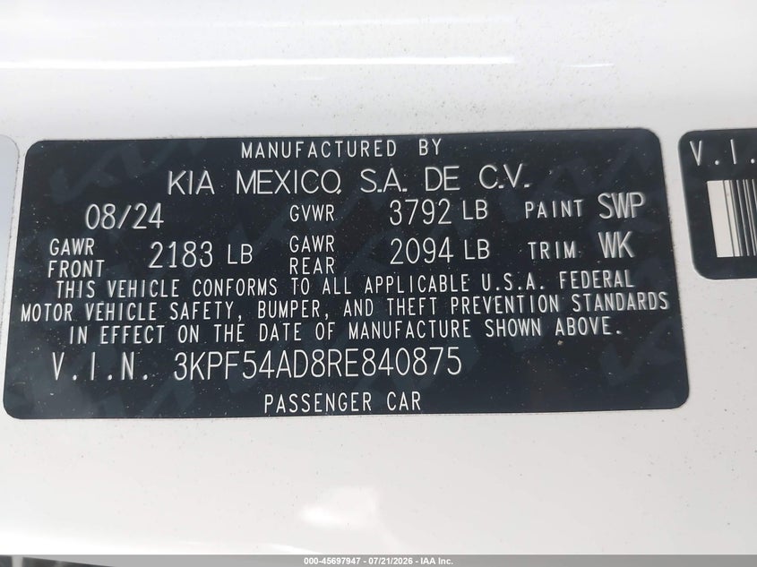 2024 Kia Forte Gt-Line VIN: 3KPF54AD8RE840875 Lot: 45697947