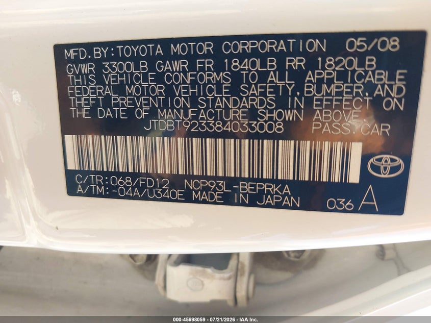 2008 Toyota Yaris VIN: JTDBT923384033008 Lot: 45698059