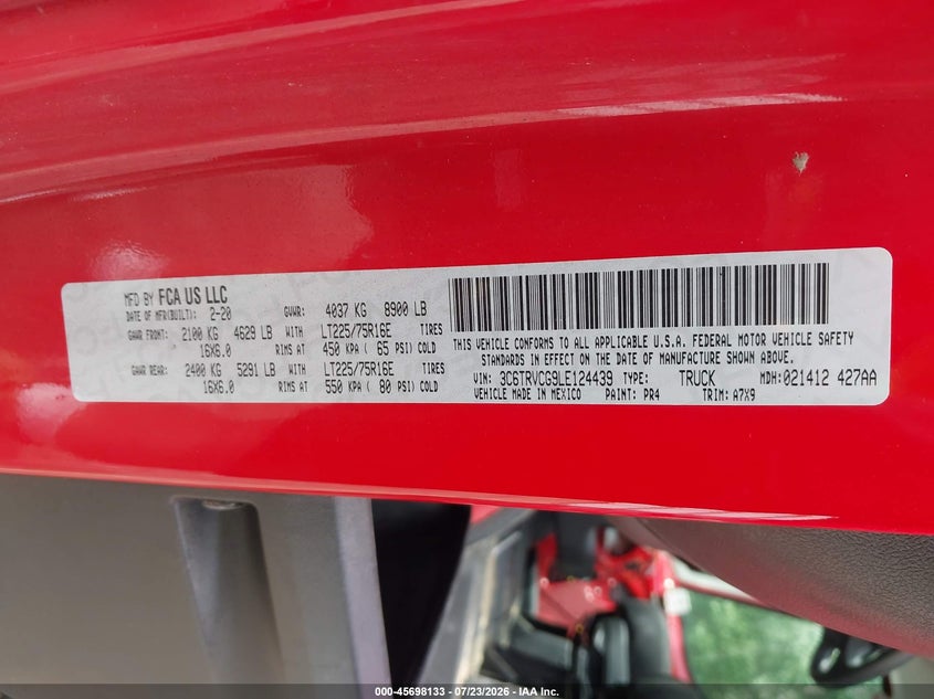 RAM PROMASTER 2500 2020 VIN 3C6TRVCG9LE124439
