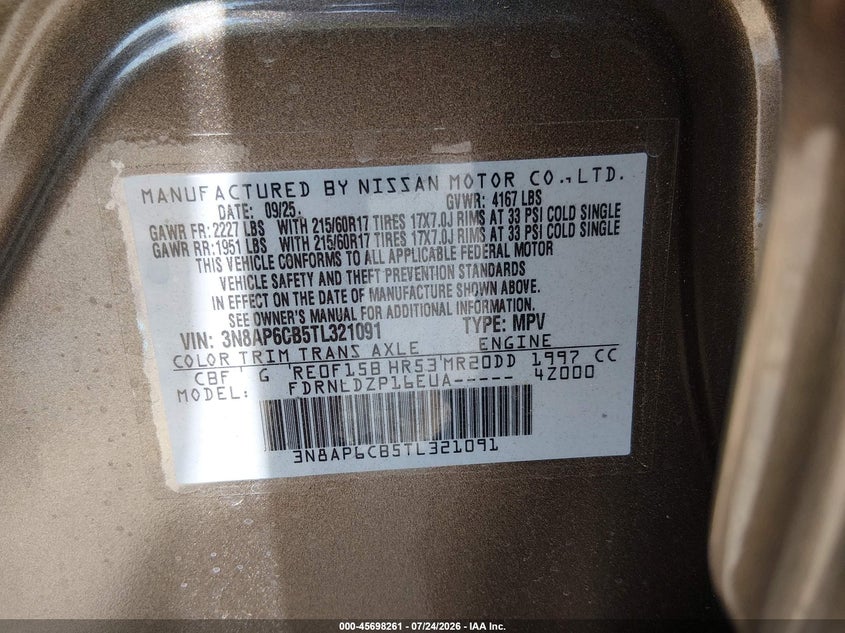 NISSAN KICKS 2026 VIN 3N8AP6CB5TL321091