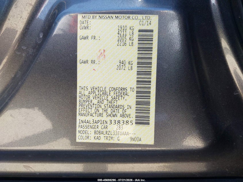 2014 NISSAN ALTIMA SEDAN 2.5L I-4 DOHC, VVT, 182HP