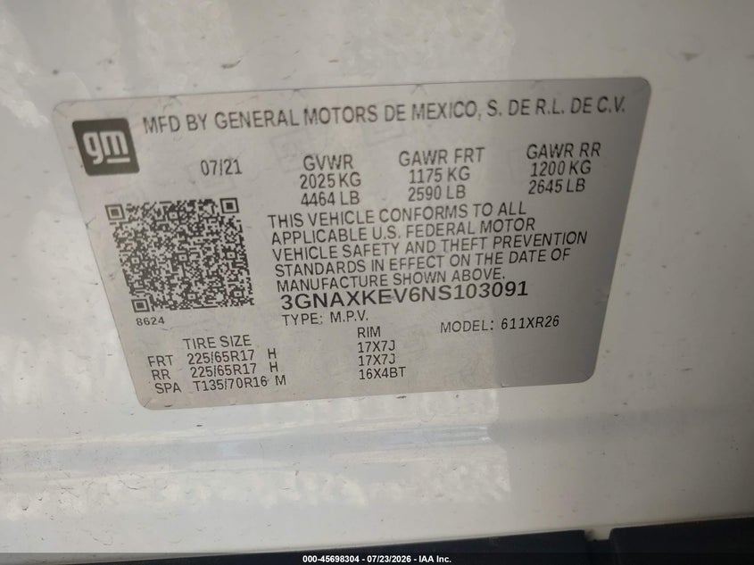CHEVROLET EQUINOX 2022 VIN 3GNAXKEV6NS103091