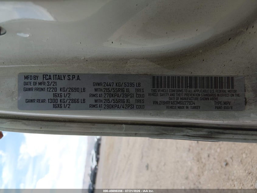2021 Ram Promaster City Tradesman VIN: ZFBHRFAB3M6U27934 Lot: 45698356