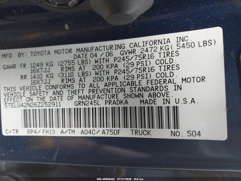 2006 Toyota Tacoma Base V6 VIN: 5TELU42N26Z252911 Lot: 45698482