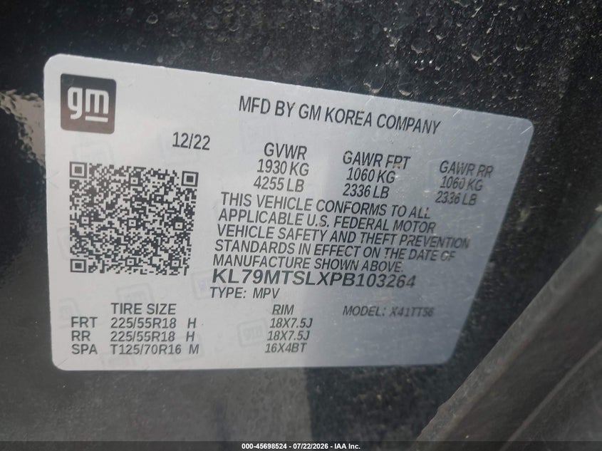 Vin: kl79mtslxpb103264, lot: 46197152, chevrolet trailblazer rs 20233