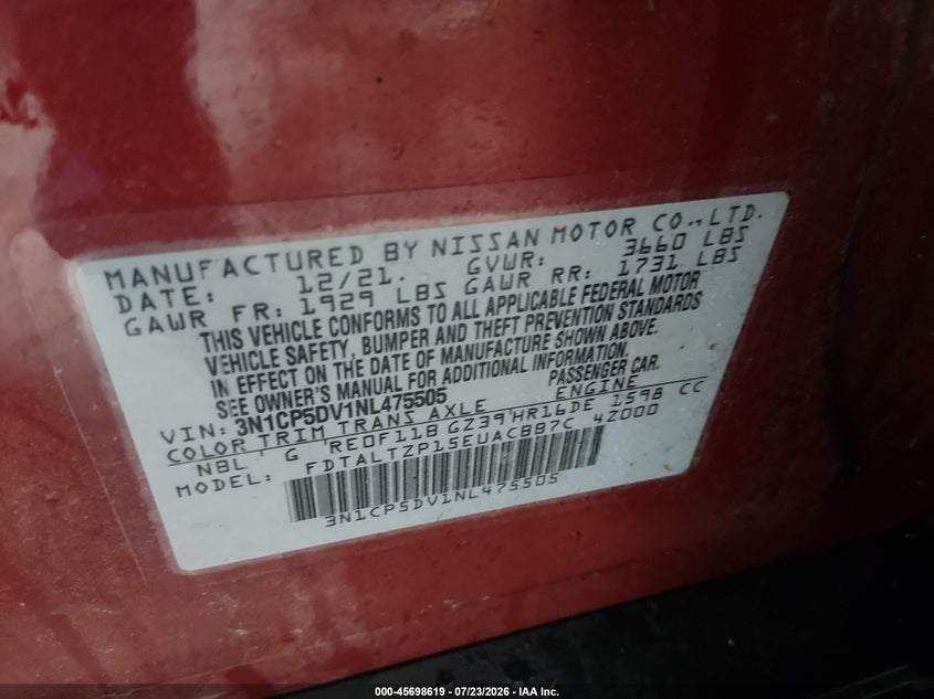 NISSAN KICKS 2022 VIN 3N1CP5DV1NL475505