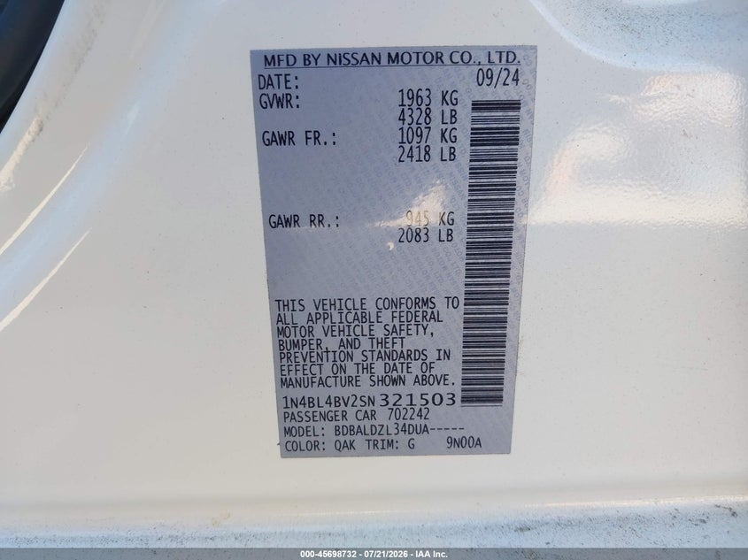 2025 Nissan Altima S Fwd VIN: 1N4BL4BV2SN321503 Lot: 45698732