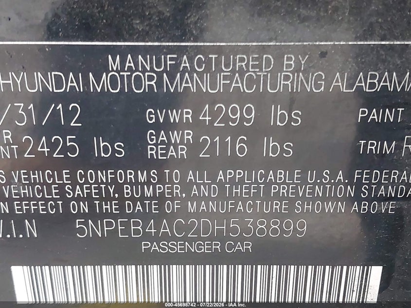 2013 HYUNDAI SONATA SEDAN 2.4L I-4 DI, DOHC, VVT, 190HP