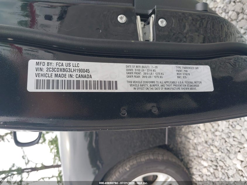 DODGE CHARGER 2020 VIN 2C3CDXBG3LH190045