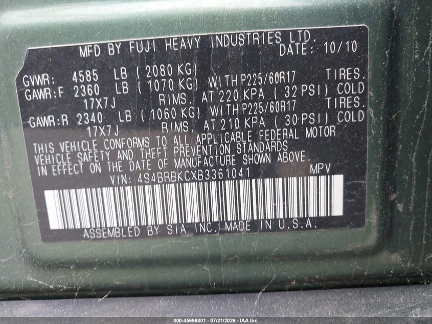 2011 Subaru Outback 2.5I Limited VIN: 4S4BRBKCXB3361041 Lot: 45698801