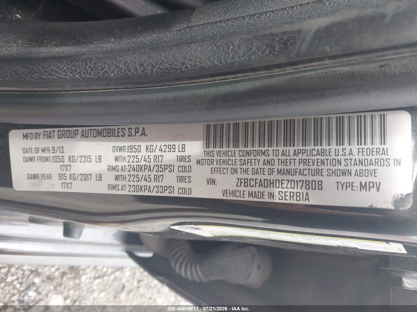 2014 Fiat 500L Trekking VIN: ZFBCFADH0EZ017808 Lot: 45698817