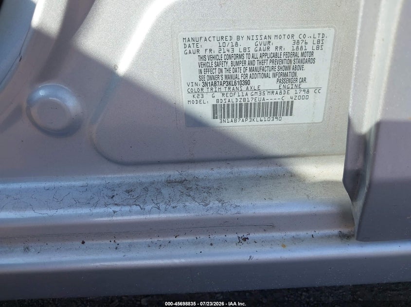 2019 NISSAN SENTRA SEDAN 1.8L I-4 DOHC, VVT, 124HP