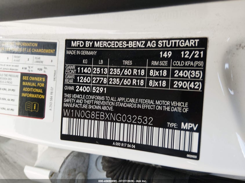 MERCEDES-BENZ GLC 300 2022 VIN W1N0G8EBXNG032532