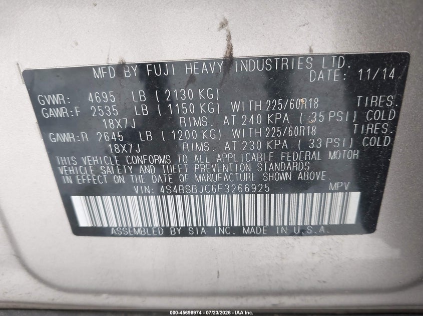 SUBARU OUTBACK 2015 VIN 4S4BSBJC6F3266925