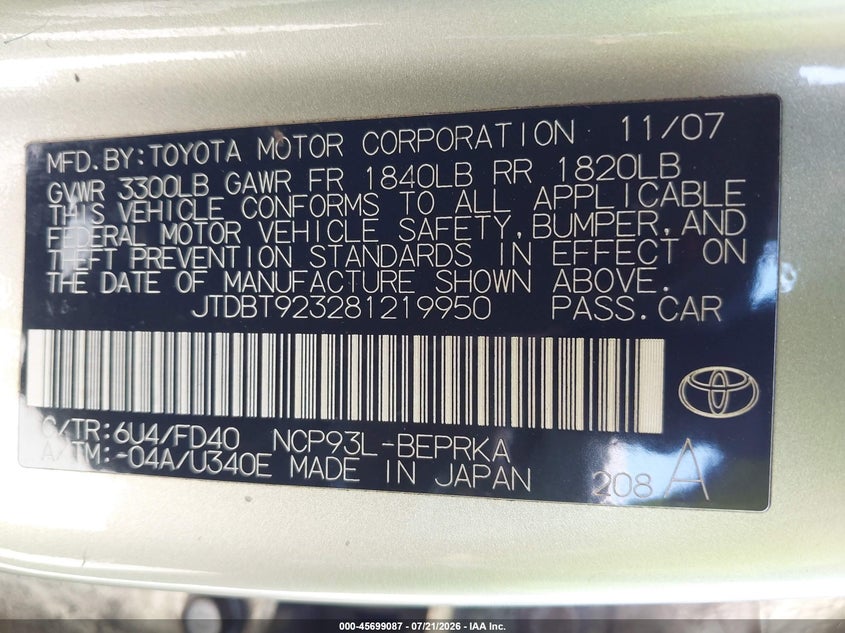 2008 Toyota Yaris S VIN: JTDBT923281219950 Lot: 45699087