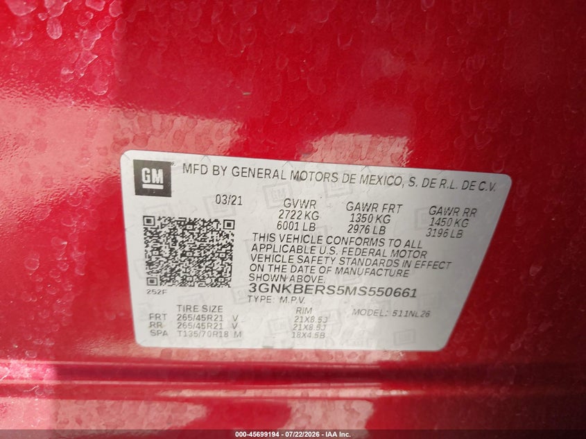 CHEVROLET BLAZER 2021 VIN 3GNKBERS5MS550661