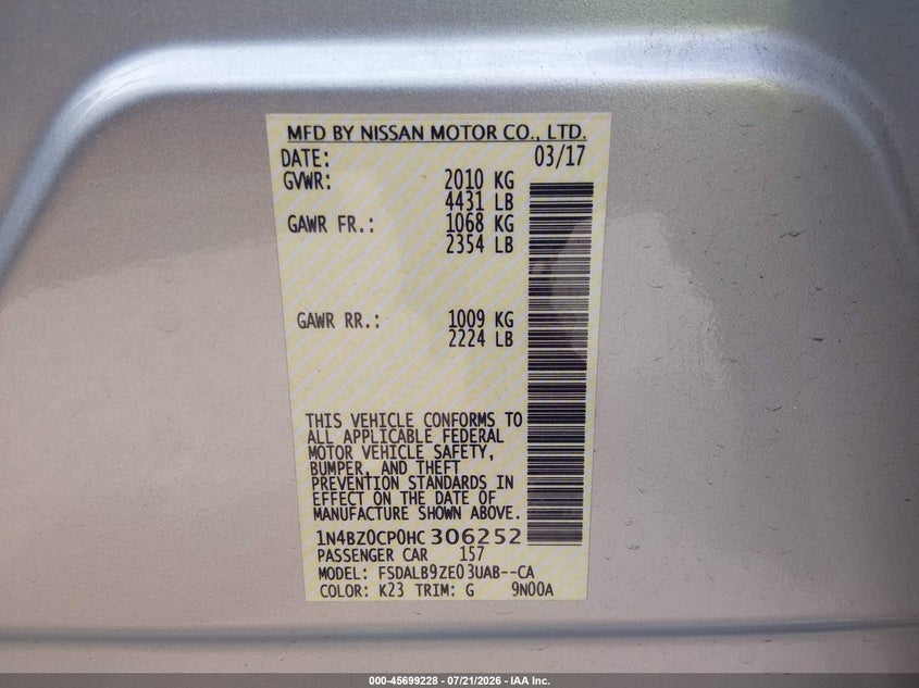 2017 Nissan Leaf S VIN: 1N4BZ0CP0HC306252 Lot: 45699228