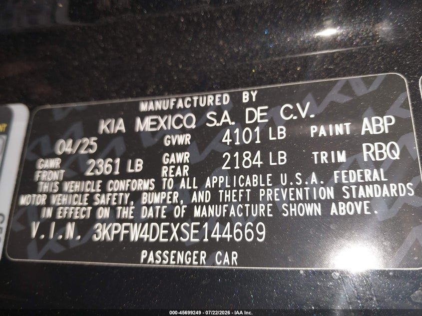 2025 Kia K4 Gt-Line VIN: 3KPFW4DEXSE144669 Lot: 45699249