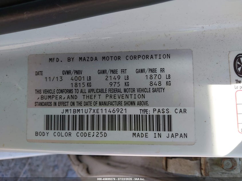 2014 MAZDA 3 SEDAN 2.0L I-4 DI, DOHC, VVT, 155HP