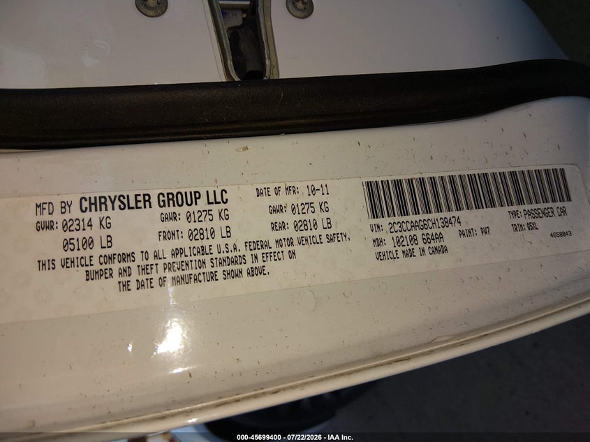 2012 CHRYSLER 300 SEDAN 3.6L V-6 DOHC, VVT, 292HP