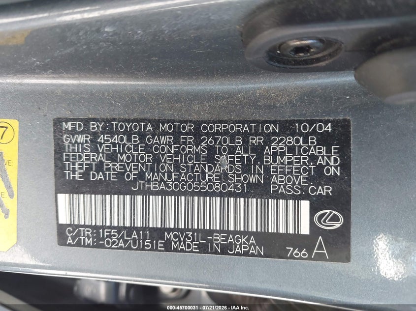 2005 Lexus Es 330 VIN: JTHBA30G055080431 Lot: 45700031