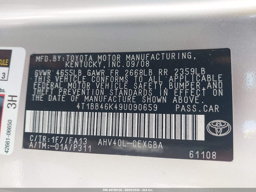TOYOTA CAMRY HYBRID 2009 VIN 4T1BB46K49U090659