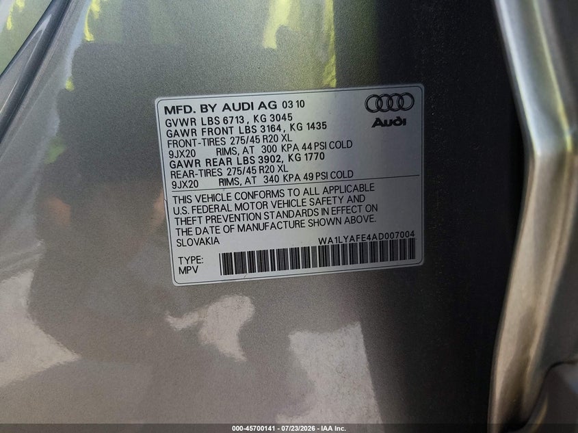 2010 AUDI Q7 SPORT UTILITY VEHICLE 3.6L V-6 DI, DOHC, VVT, 280HP