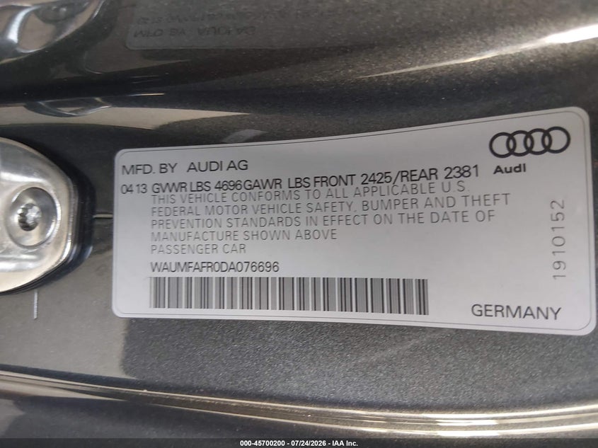 AUDI A5 2013 VIN WAUMFAFR0DA076696