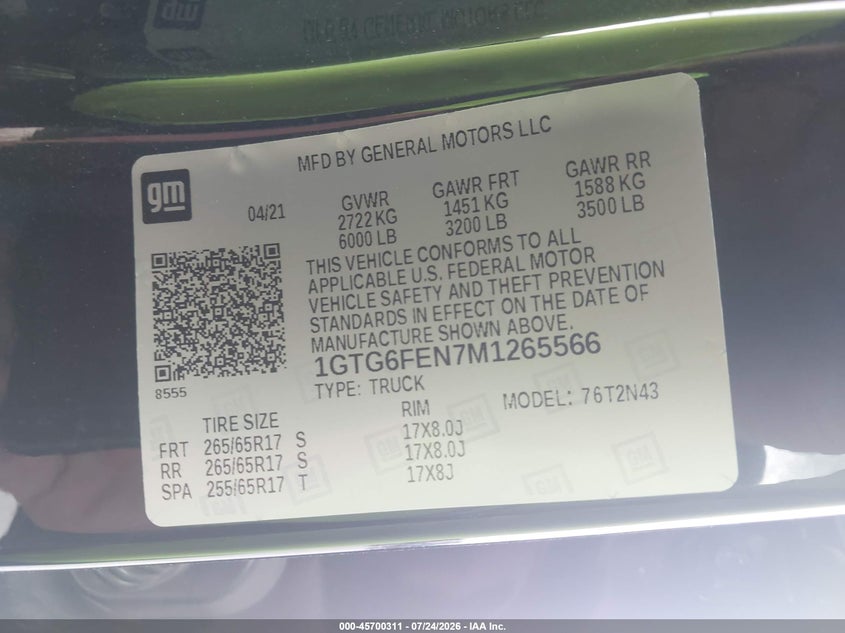 GMC CANYON 2021 VIN 1GTG6FEN7M1265566