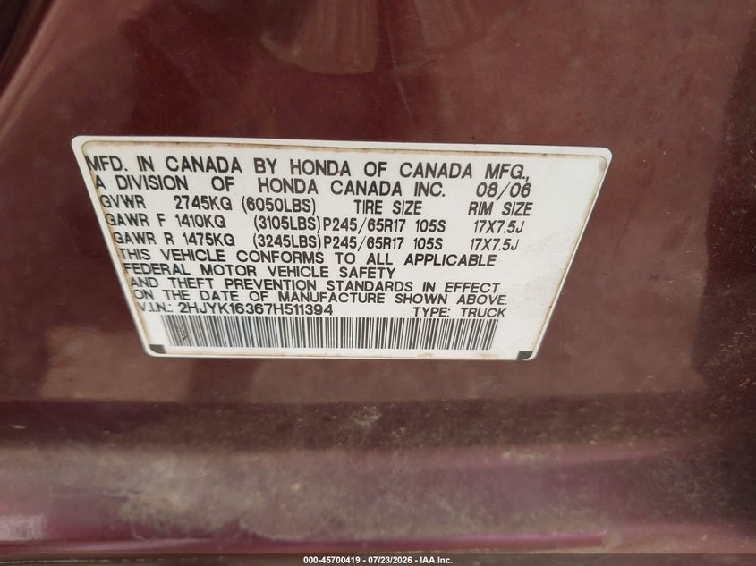 2007 HONDA RIDGELINE PICKUP N/A
