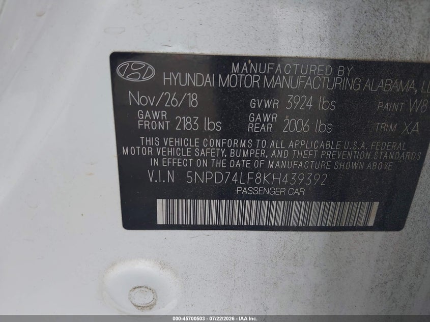 HYUNDAI ELANTRA 2019 VIN 5NPD74LF8KH439392