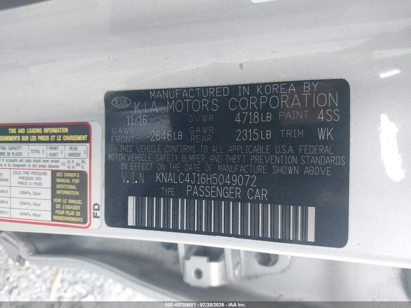 KIA CADENZA 2017 VIN KNALC4J16H5049072