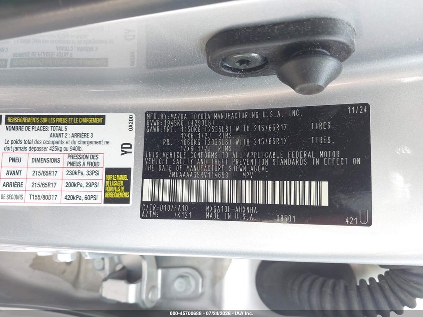 TOYOTA COROLLA CROSS 2024 VIN 7MUAAAAG5RV114658