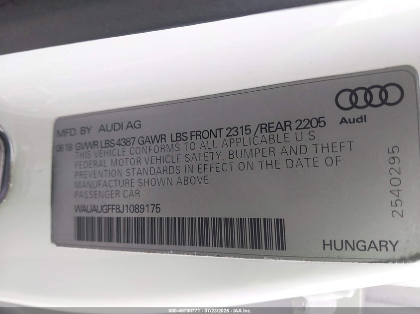 AUDI A3 2018 VIN WAUAUGFF8J1089175