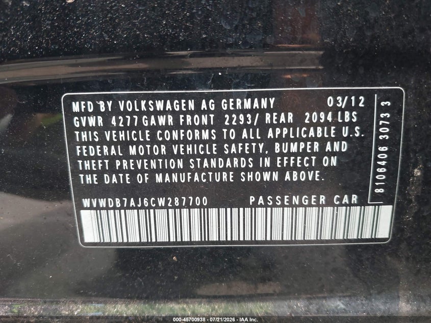 2012 Volkswagen Golf 2.5L 4-Door VIN: WVWDB7AJ6CW287700 Lot: 45700938